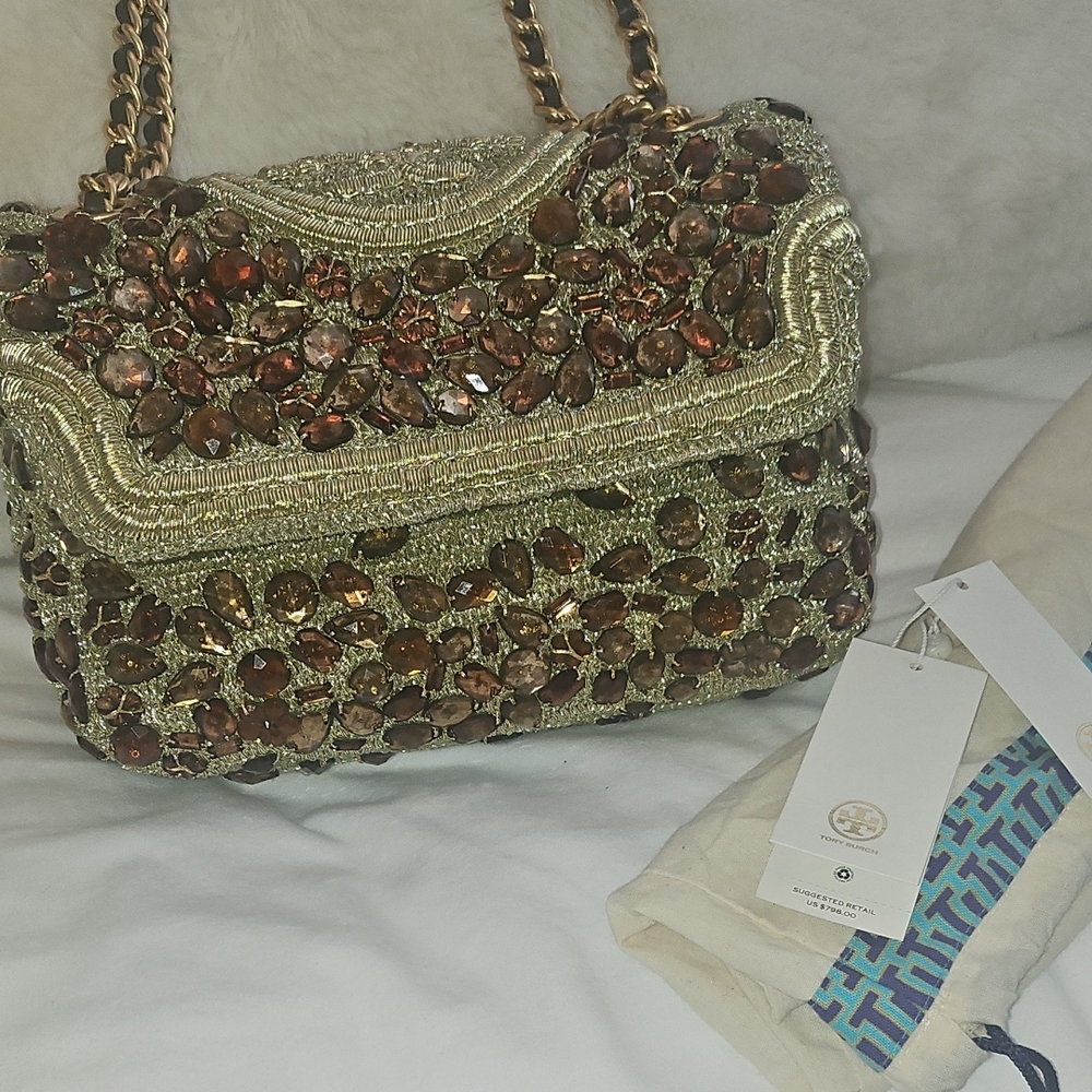 Tory Burch Fleming Soft Crochet Jeweled Small Shoulder Bag